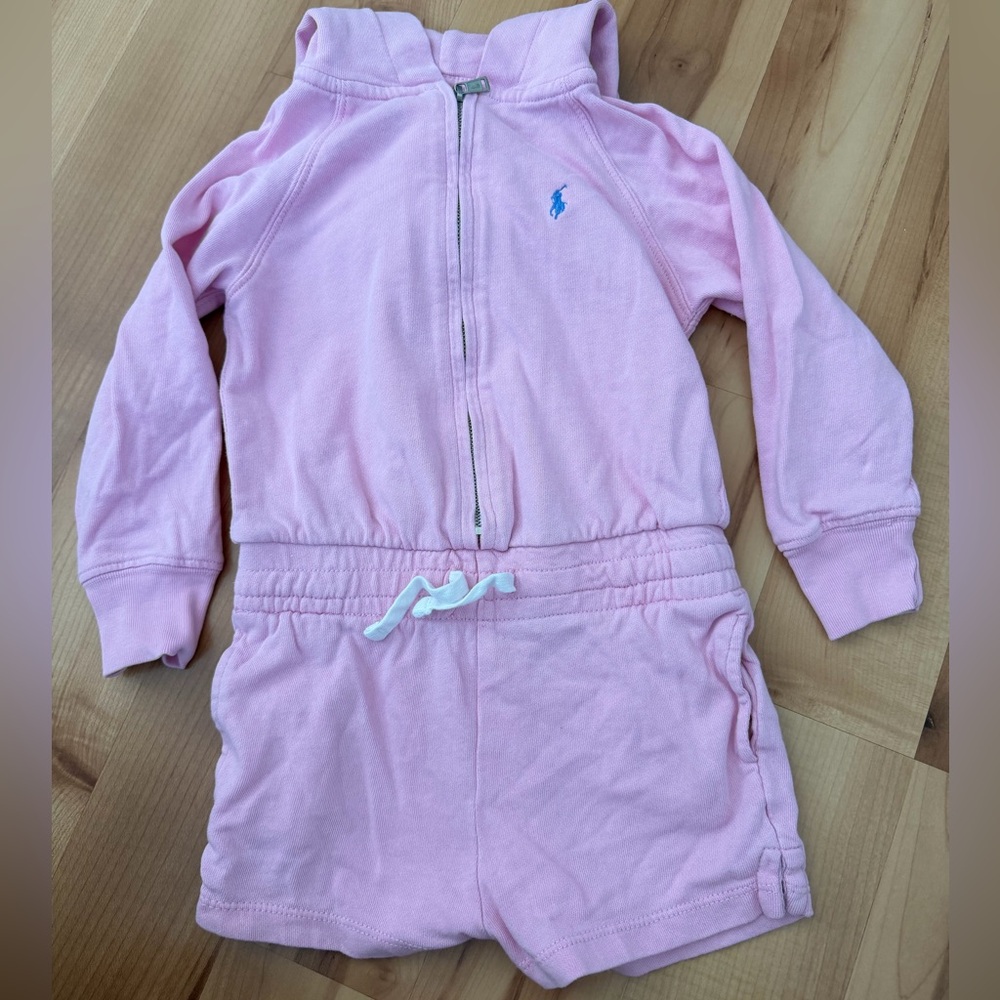 Ralph Lauren Light Pink Hooded Zip Romper with Blue Polo Logo